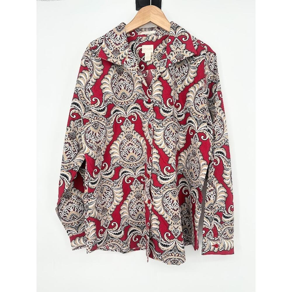 Chicos Red No- Iron 100% Cotton Button Up Shirt Size 2 Large Career Old‎ Money
